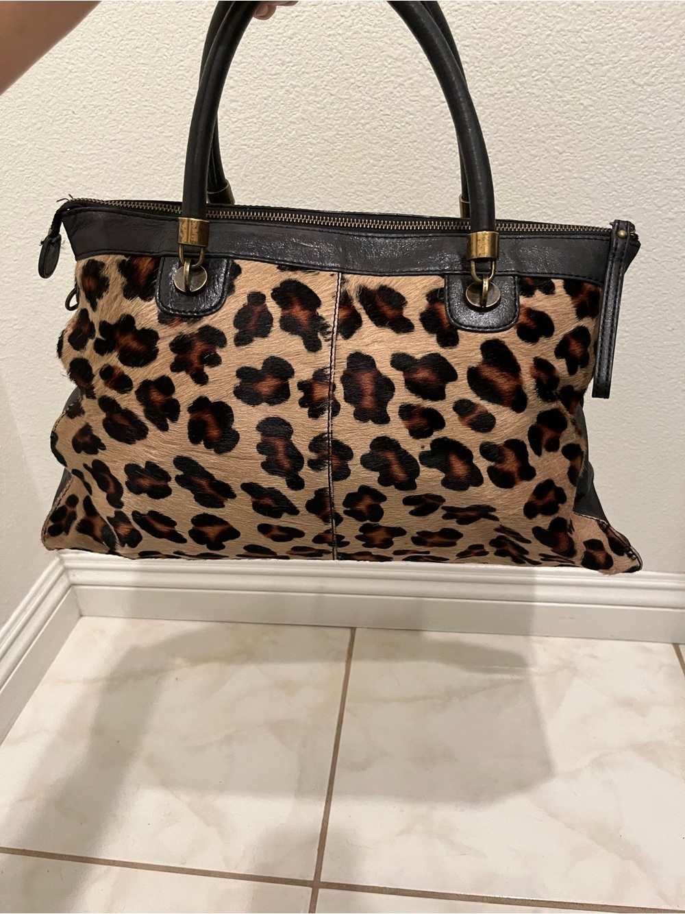 Vintage 90s Nordstrom Leopard Calf Hair & Leather Satchel Bag – Turn Lock Black - Picture 10 of 12